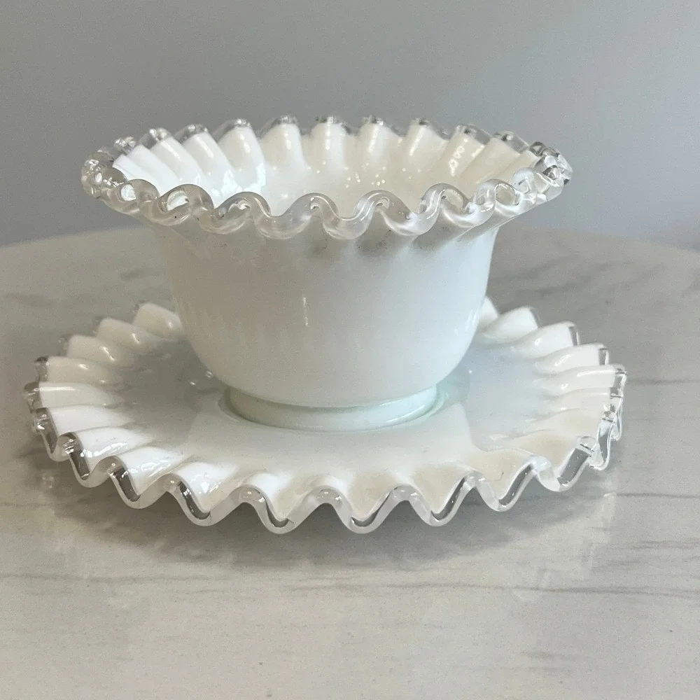 Fenton Silver Crest Bowl Ruffled Edge Mayonnaise‎ Bowl Underplate Milk Glass Vtg